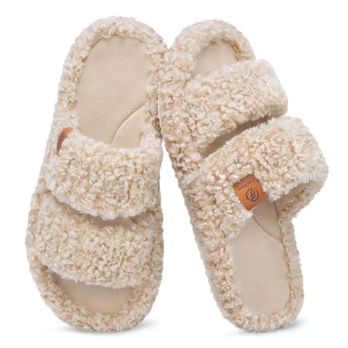 EverFoams Womens Fuzzy Open-toe Slippers Soft Comfy Memory Foam Indoor House Shoes Vintage Khaki, 11-12 US - Image 1