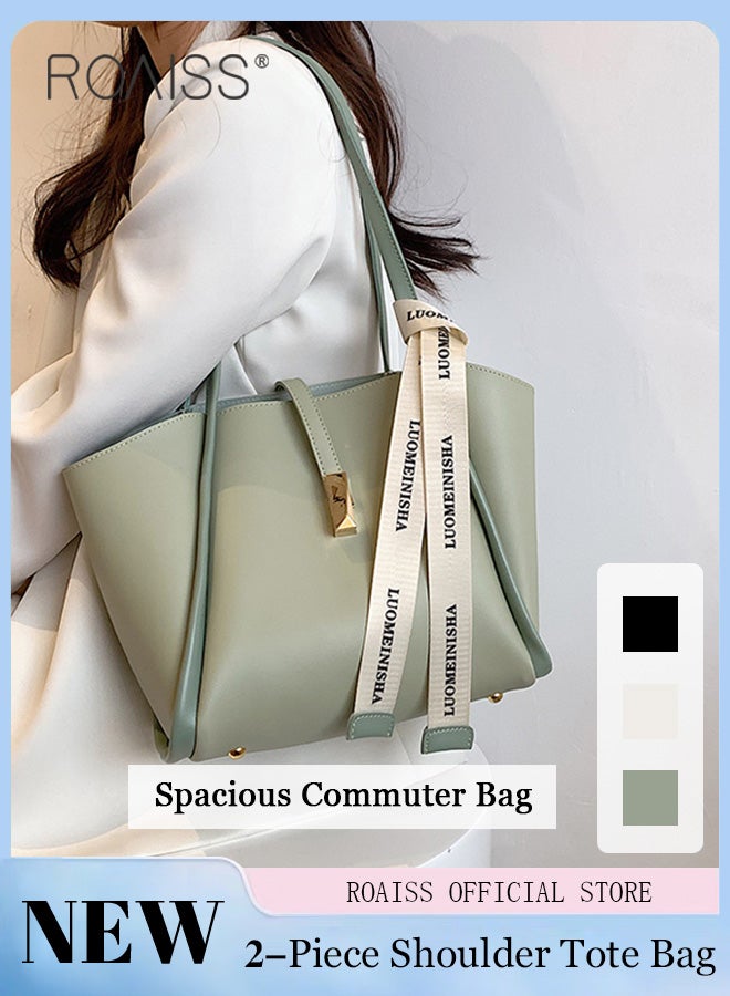 roaiss Women Fashion Tote Bag Stylish Versatile Single Shoulder Bag Large Capacity Handheld Bag Internal Zip Bag Handbag with Silk Scarf Decoration Suitable for Commuting and School Green  - Image 1