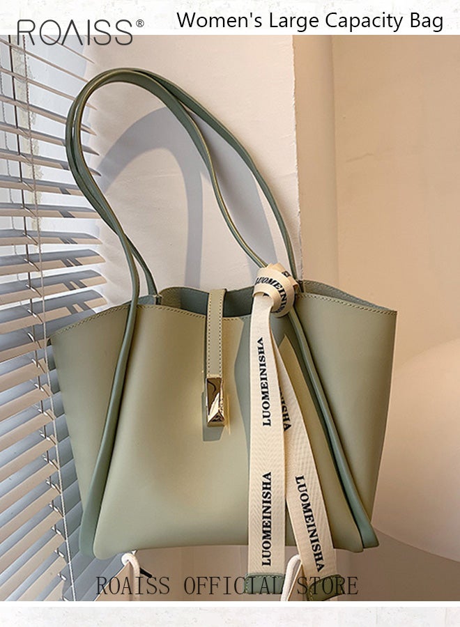 roaiss Women Fashion Tote Bag Stylish Versatile Single Shoulder Bag Large Capacity Handheld Bag Internal Zip Bag Handbag with Silk Scarf Decoration Suitable for Commuting and School Green  - Image 2