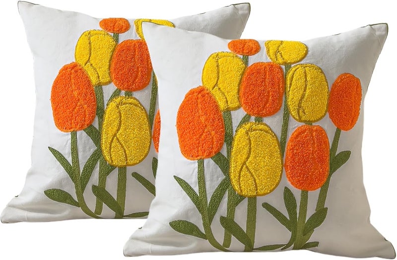 CozyNook Cushion Cover 45 X 45cm, Embroidered Throw Pillow Covers for Garden Lounge, Sofa, Living Room, Bedroom, Home Decor Floral Pattern without Pillow Pack of 2 (Tulip Orange) - Image 2