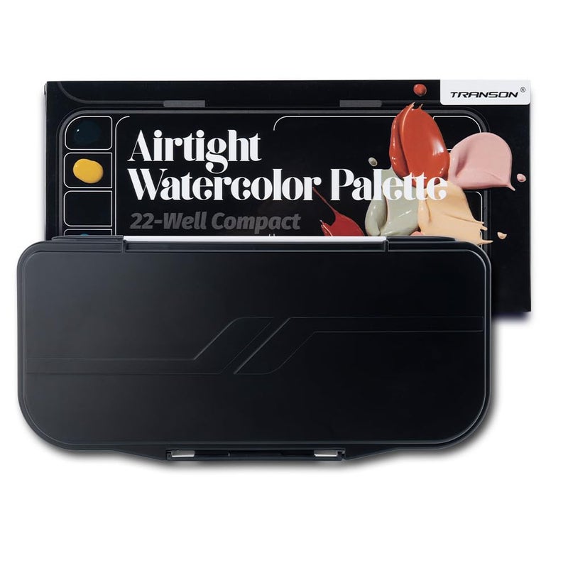 Transon Watercolor Palette Folding with Lid 18wells 2 Mixing Areas and 1 Large Mixing Tray Also for Gouache Acrylic Paint Palette Black Color - Image 1