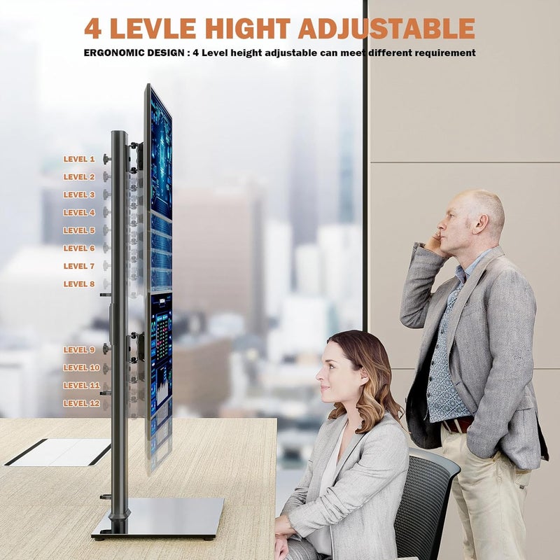 Hemudu Dual Monitor Stand - Vertical Stack Screen Free-Standing Monitor Riser Fits Two 13 to 34 Inch Screen with Swivel, Tilt, Height Adjustable, Holds One (1) Screen up to 20kg HT05B-002 - Image 3