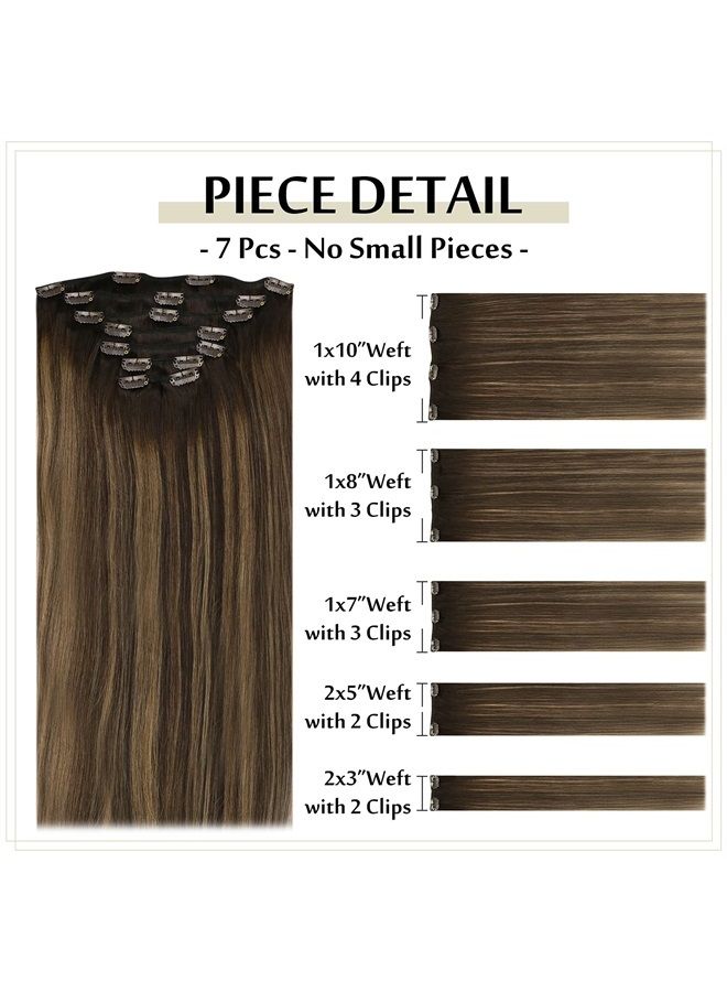 Full Shine Clip In Hair Extensions Human Hair Balayage Color 2 Darkest Brown Fading To 8 Ash Brown Highlight With 2 Hair Extension Clip Ins 7 Pcs Remy Clip In Hair 100 Gram 12 Inch - Image 1