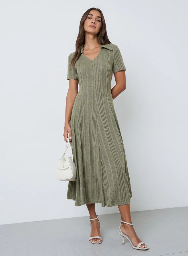 Styli Green Knit Midi Dress with Open Collar