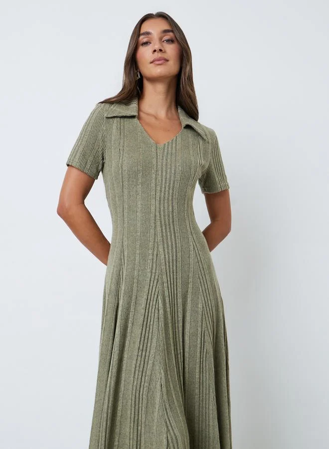 Styli Green Knit Midi Dress with Open Collar