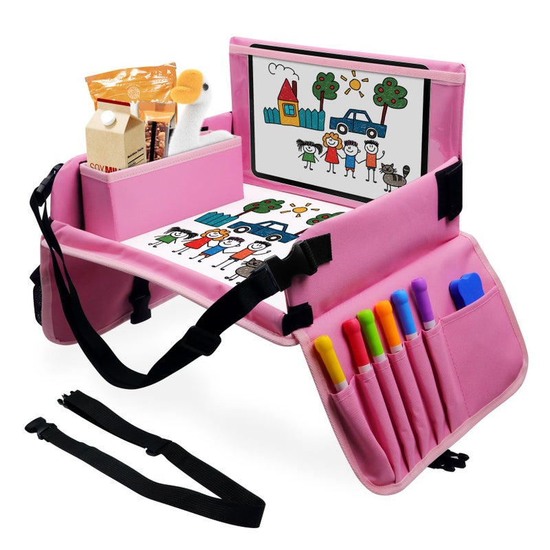 Julaiwy Car Seat Tray for Kids Travel, Carseat Tray for Toddler Road Trip Activities, Car Trays for Kids Road Trip Essentials, Travel Trays for Airplane, Toddler Car Seat Lap Table - Pink - Image 1