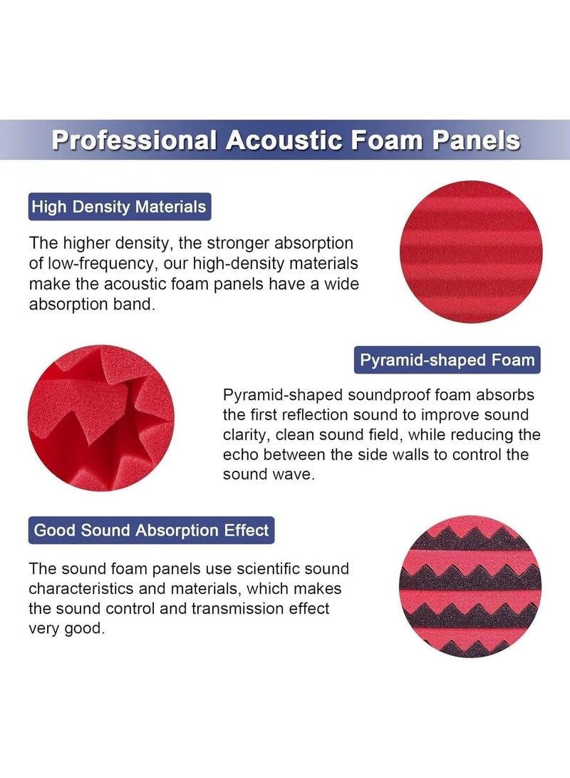 Bluejw 12 Pack Acoustic Foam Panels, 1" X 12" X 12" Sound Proof Foam Panels for Walls, High Desnsity Studio Soundproofing Wedges - Fire Resistant & Noise Absorbing for Studio, Office, Home (Red and Black) - Image 2
