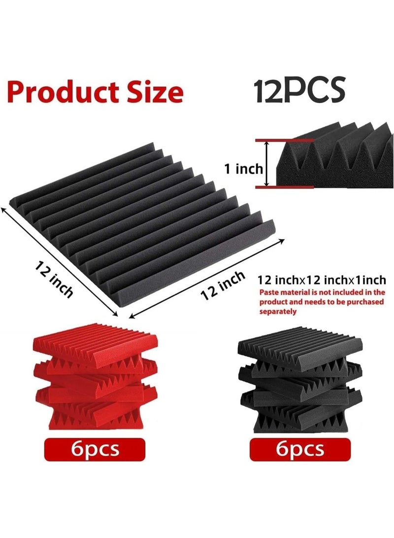 Bluejw 12 Pack Acoustic Foam Panels, 1" X 12" X 12" Sound Proof Foam Panels for Walls, High Desnsity Studio Soundproofing Wedges - Fire Resistant & Noise Absorbing for Studio, Office, Home (Red and Black) - Image 3