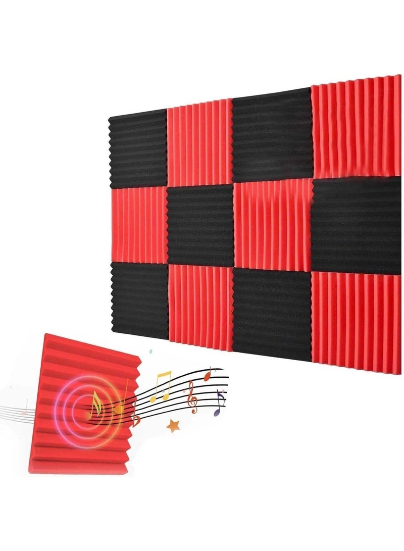 Bluejw 12 Pack Acoustic Foam Panels, 1" X 12" X 12" Sound Proof Foam Panels for Walls, High Desnsity Studio Soundproofing Wedges - Fire Resistant & Noise Absorbing for Studio, Office, Home (Red and Black) - Image 1