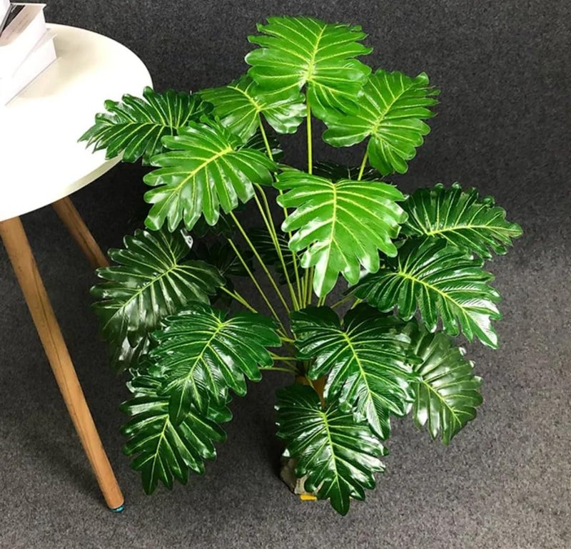 VRB Dec Plastic 1 Pcs Artificial Plants with Pot Plants Leaves Tree Tropical 12 Palm Leaves Faux Areca Plants Indoor Real Touch Monstera Plant for Home/Decor (Palm Leaf Plant with Pot), Green - Image 1