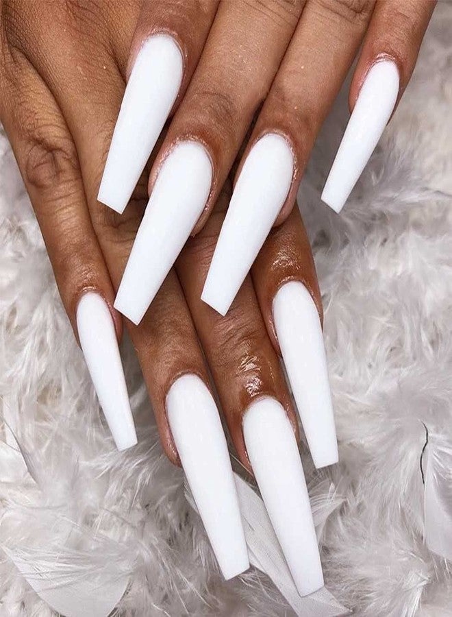 Outyua Matte White Press on Nails Coffin Long Fake Nails Solid Acrylic False Nails with Designs Cute Full Cover Nails 24Pcs (White) - Image 1