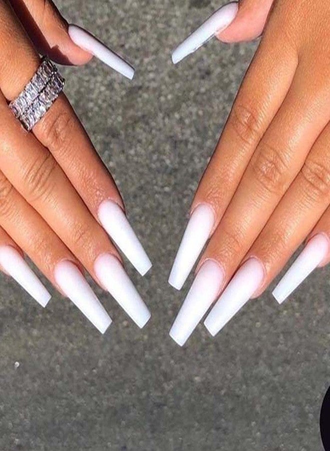 Outyua Matte White Press on Nails Coffin Long Fake Nails Solid Acrylic False Nails with Designs Cute Full Cover Nails 24Pcs (White) - Image 4