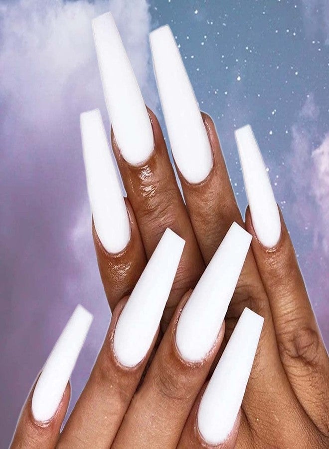 Outyua Matte White Press on Nails Coffin Long Fake Nails Solid Acrylic False Nails with Designs Cute Full Cover Nails 24Pcs (White) - Image 3