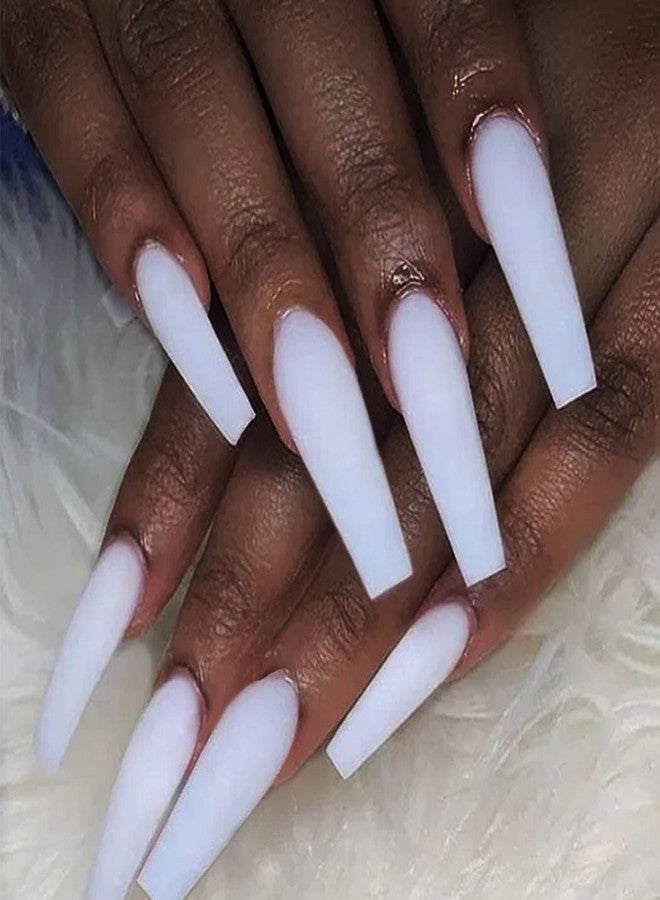 Outyua Matte White Press on Nails Coffin Long Fake Nails Solid Acrylic False Nails with Designs Cute Full Cover Nails 24Pcs (White) - Image 2