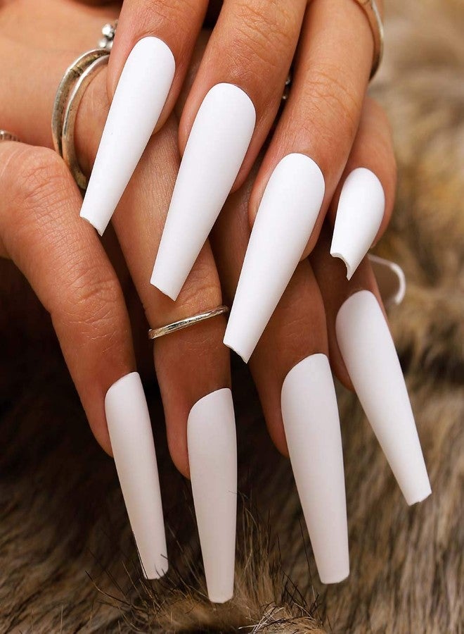 Outyua Matte White Press on Nails Coffin Long Fake Nails Solid Acrylic False Nails with Designs Cute Full Cover Nails 24Pcs (White) - Image 5