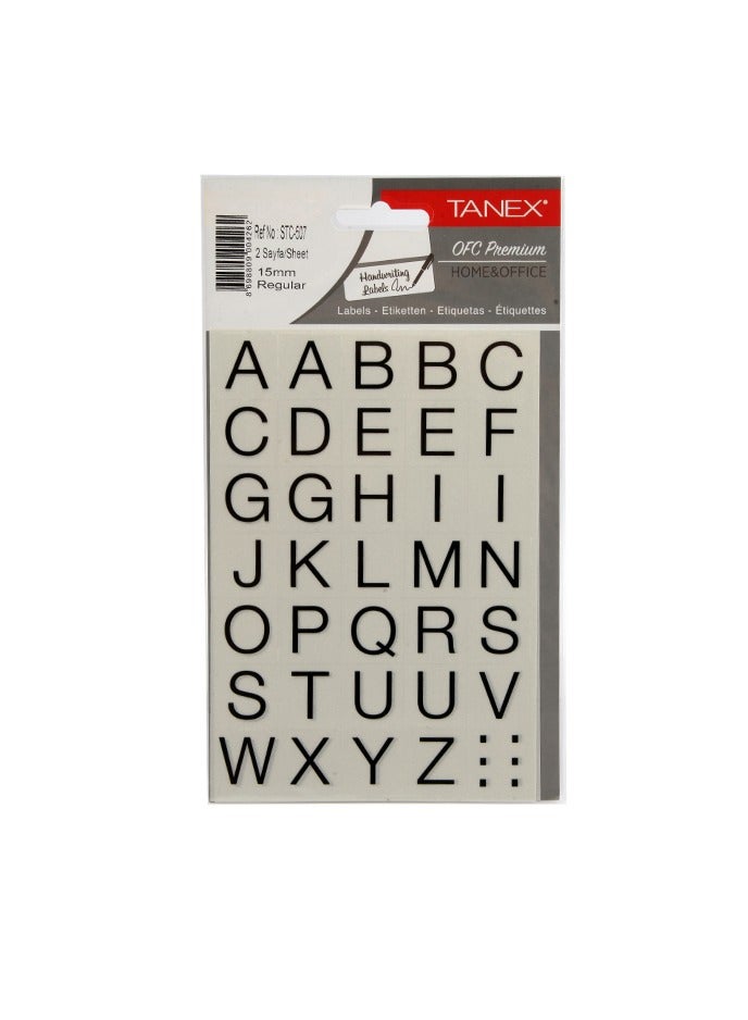 English Letters Sticker, Regular Font, 2 Sheets, 15mm, 20 g - Tanex STC-507