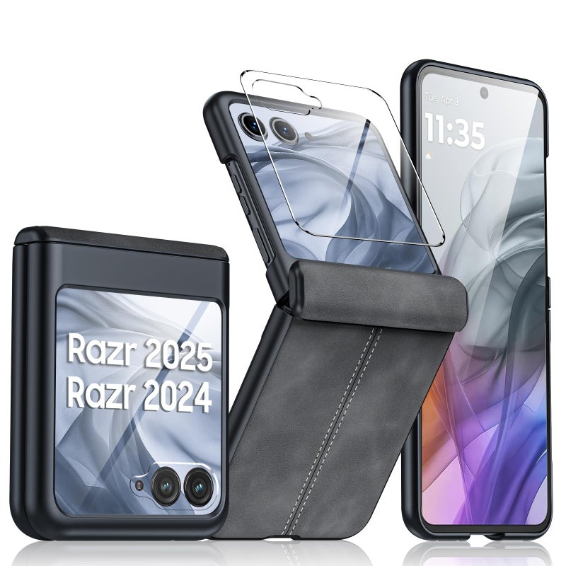 BSNRM for Motorola Razr 2024 Case/Razr 2025 Case, Built-in Screen Protector & Hinge Protection & Ultra Thin PU Leather Matte PC Shockproof Cover Phone Case for Moto Razr 2024/2025(Black Gray) - Image 1