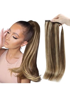 Full Shine Full Shine Hair Extensions Clip in Ponytail Human Hair Extensions Medium Brown Highlights Honey Blonde Wrap Around Ponytail Hair Extensions Straight Hair 70 Grams 12 Inch 