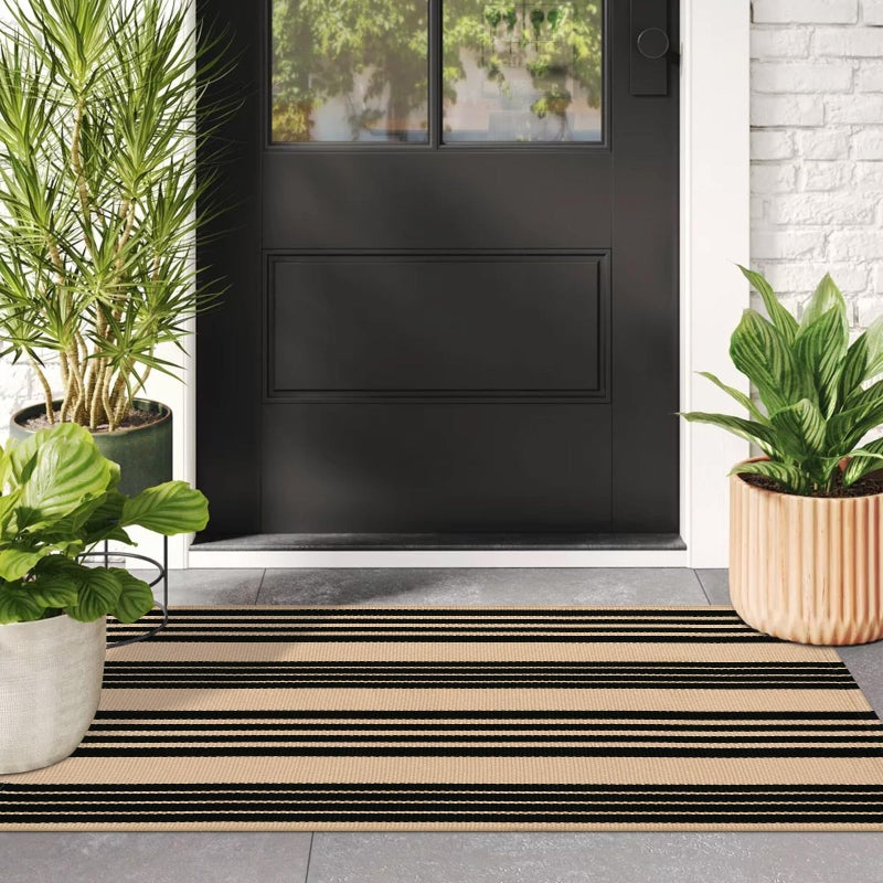 Black and Tan Striped Outdoor Rug 2 x 43 Cotton HandWoven Reversible Front Porch Rug Washable Front Door Mat Entryway Rugs Welcome Layered Doormat Carpet for Patio Farmhouse Kitchen