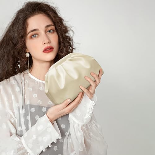 KKXIU Pleated Evening Handbag for Women Formal Clutch Purse with Removable Chain Strap Soft Wedding and Prom Bag Elegant Crossbody Clutch (Beige) - Image 3