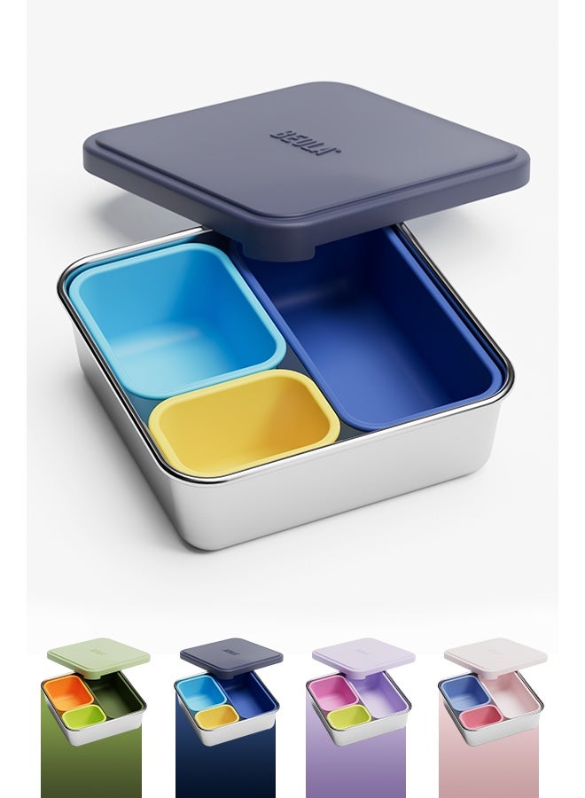 BEOLA Stainless Steel Snack Box, 3 Silicone Compartments, BPA Free, Leakproof Bento Box Snack Container, Ideal for School, Picnic & Everyday Use (Blue) - Image 1