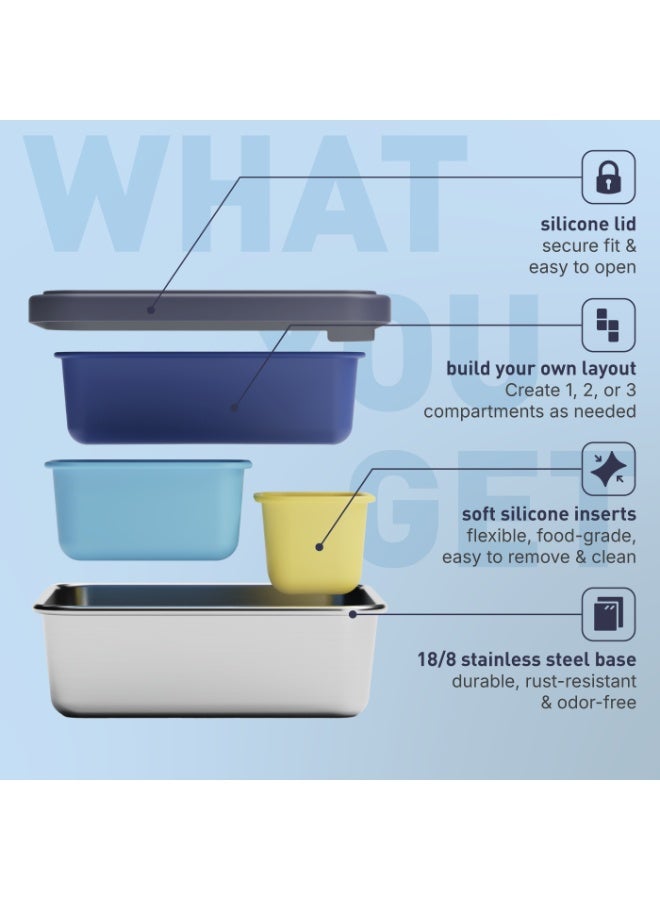BEOLA Stainless Steel Snack Box, 3 Silicone Compartments, BPA Free, Leakproof Bento Box Snack Container, Ideal for School, Picnic & Everyday Use (Blue) - Image 2
