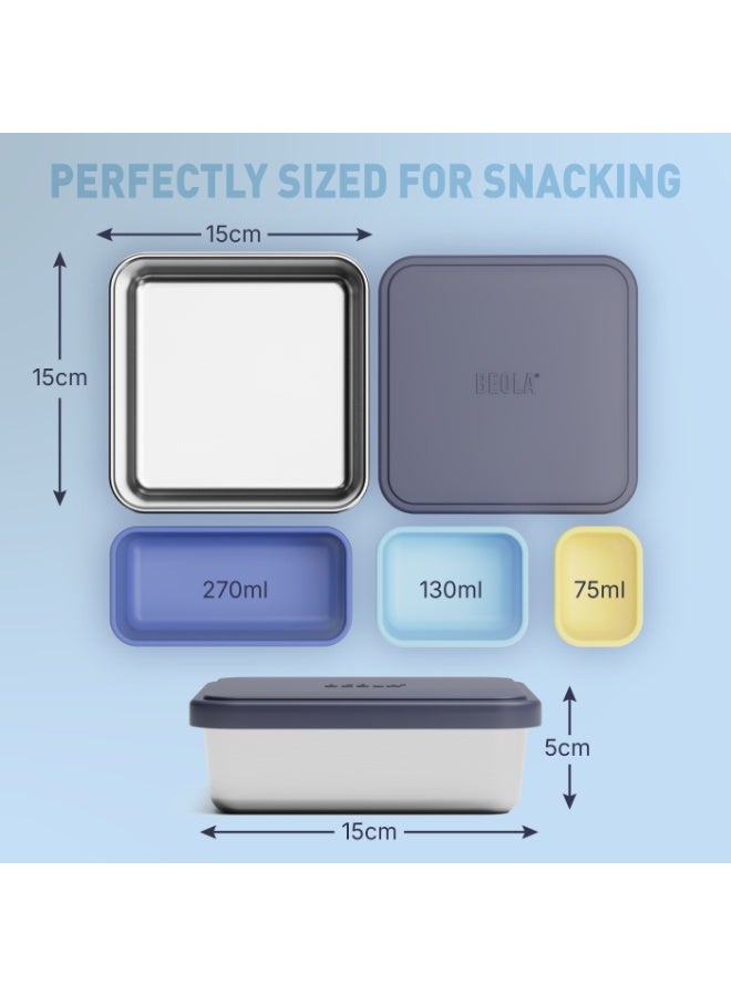 BEOLA Stainless Steel Snack Box, 3 Silicone Compartments, BPA Free, Leakproof Bento Box Snack Container, Ideal for School, Picnic & Everyday Use (Blue) - Image 3