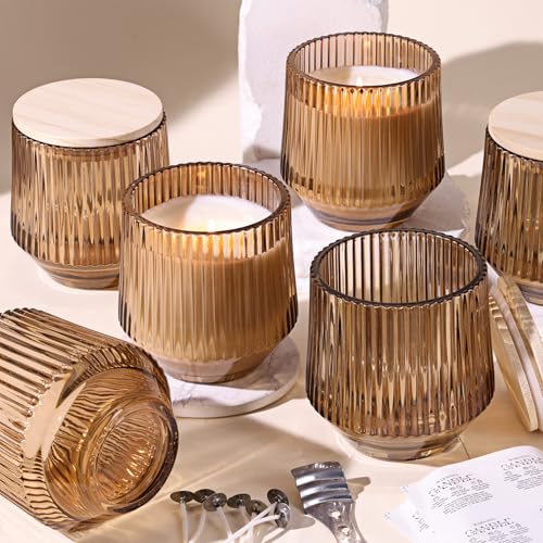 Simeitol 13 OZ Candle Making Kit - 6 Pack Amber Ribbed Glass Jars With Bamboo Lids and Wick Kit for Containers - Image 1