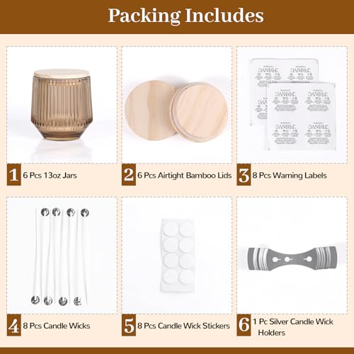 Simeitol 13 OZ Candle Making Kit - 6 Pack Amber Ribbed Glass Jars With Bamboo Lids and Wick Kit for Containers - Image 3