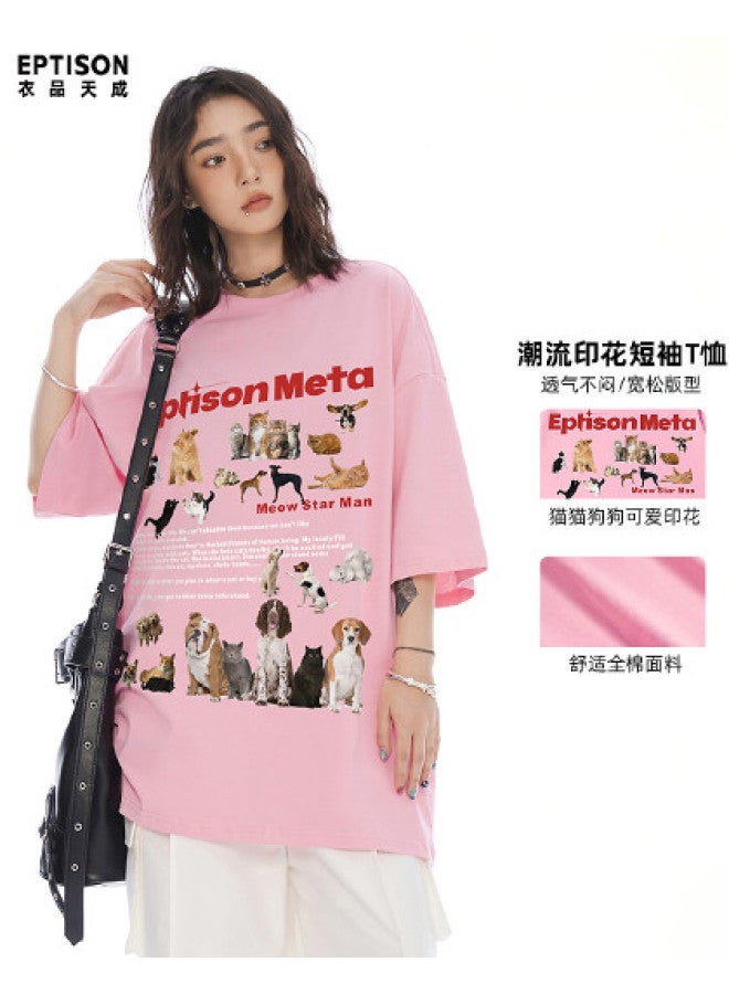 EPTISON summer Healing Cute Cat & Dog Battle Cartoon Print Unisex Short Sleeve T-shirt Women's Summer Top - Image 1