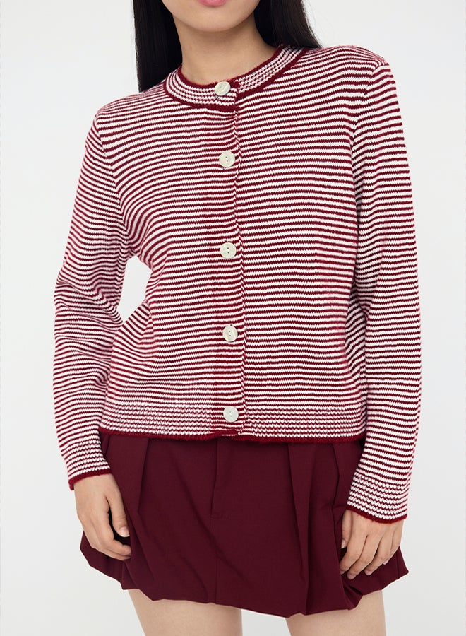 trendyol Burgundy Soft Textured Striped Knitwear Cardigan - Image 3