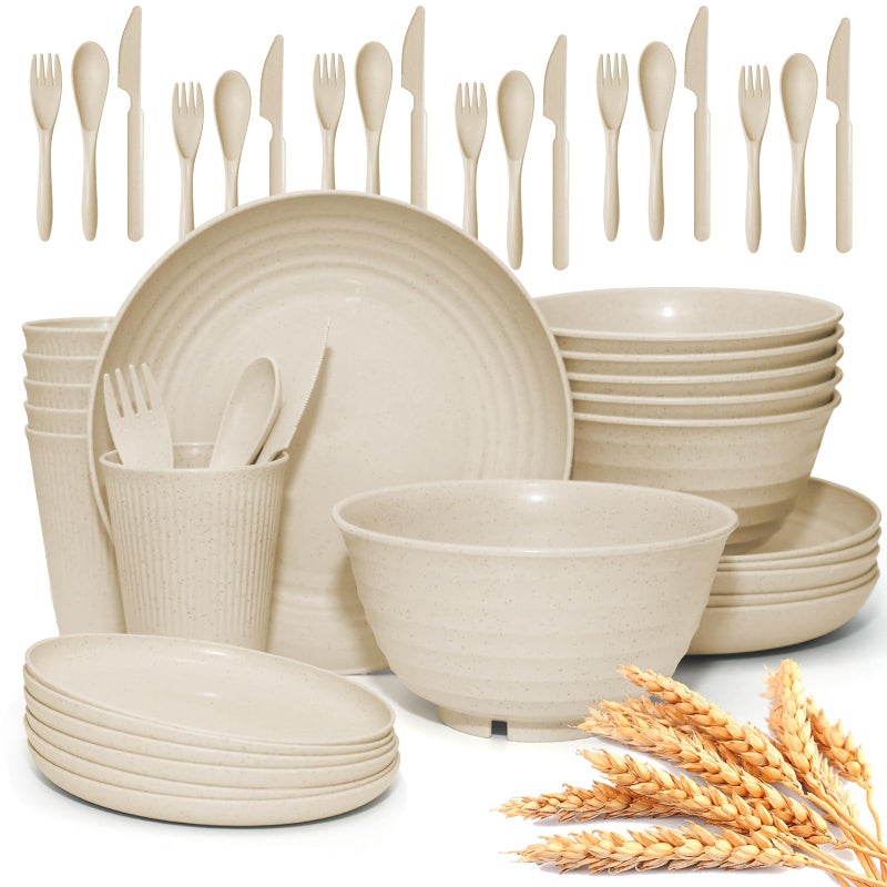 SHECIPIN 42 pcs Wheat Straw Dinnerware Sets - SHECIPIN Unbreakable Reusable Dinnerware Set Kitchen Cups Plates and Bowls Sets Dishwasher Microwave Safe (Beige) - Image 1