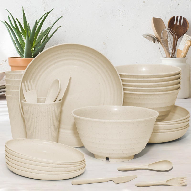 SHECIPIN 42 pcs Wheat Straw Dinnerware Sets - SHECIPIN Unbreakable Reusable Dinnerware Set Kitchen Cups Plates and Bowls Sets Dishwasher Microwave Safe (Beige) - Image 3