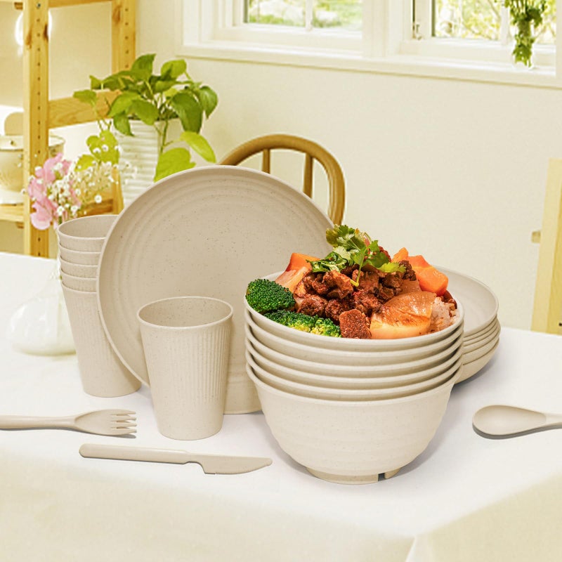 SHECIPIN 42 pcs Wheat Straw Dinnerware Sets - SHECIPIN Unbreakable Reusable Dinnerware Set Kitchen Cups Plates and Bowls Sets Dishwasher Microwave Safe (Beige) - Image 4