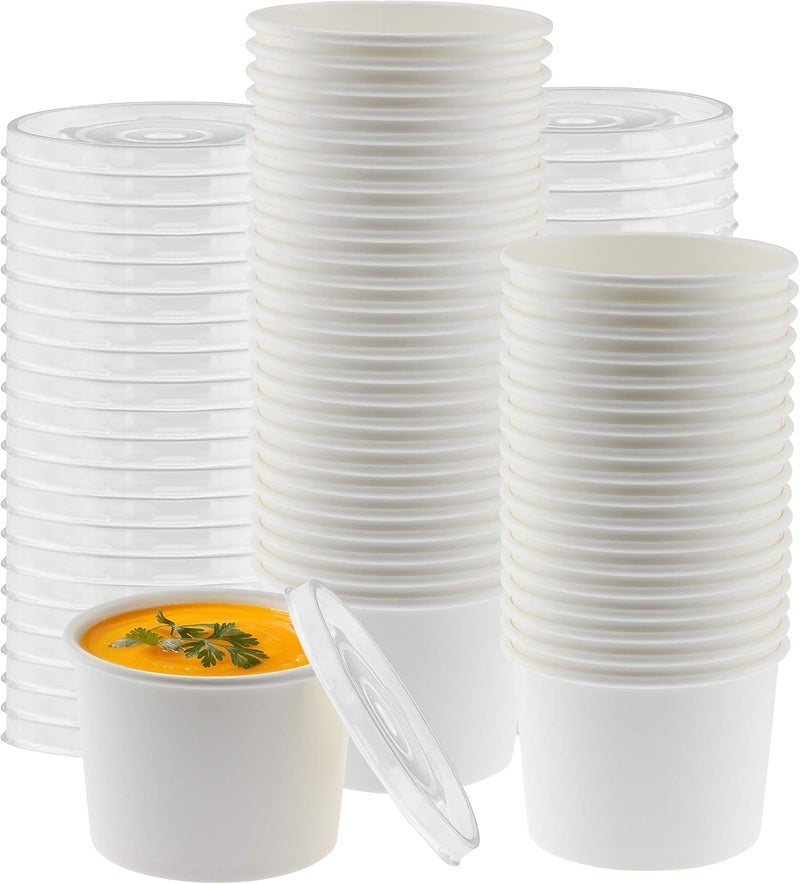 NYHI Kraft 50 Pack 8 oz White Small Paper Bowls Soup Storage Containers With Lids Insulated Take Out Disposable Food Storage Cups For Hot Cold Foods To Go Bowls With Vented Lids - Image 1