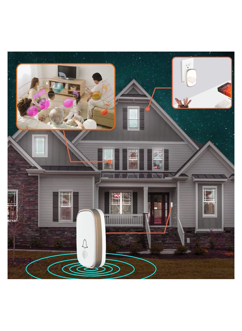 Self-Powered Wireless Doorbell Kit, No Battery Needed Cordless Door Chime Waterproof 1,000ft Range with 5 Volume Levels and 52 Chimes LED Flashing,1 Push on 2 Receiver - Image 4