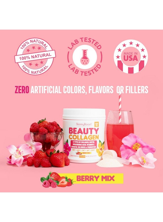 SkinnyBoost Beauty Collagen Powder-5 Types of Hydrolyzed Collagen, Sea Moss, Biotin, Keratin, Hyaluronic Acid, Vitamin C and Probiotics-Hair, Skin, Nails- All Natural, Made in USA-45 Servings- Mixed Berry - Image 2