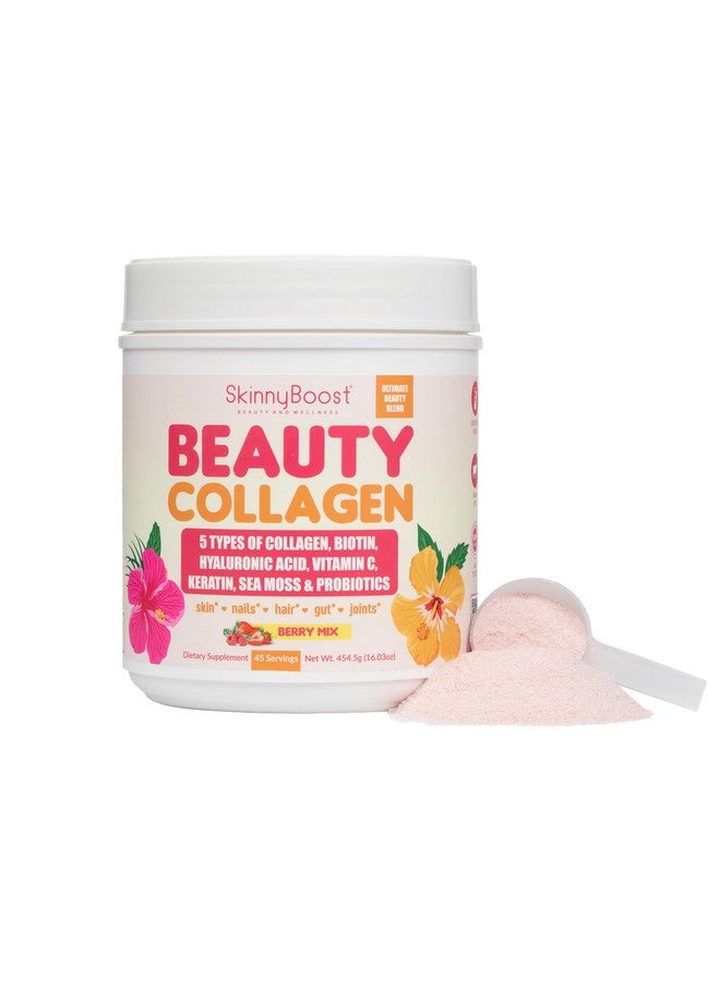 SkinnyBoost Beauty Collagen Powder-5 Types of Hydrolyzed Collagen, Sea Moss, Biotin, Keratin, Hyaluronic Acid, Vitamin C and Probiotics-Hair, Skin, Nails- All Natural, Made in USA-45 Servings- Mixed Berry - Image 1