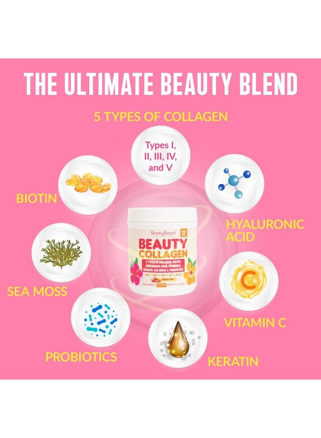 SkinnyBoost Beauty Collagen Powder-5 Types of Hydrolyzed Collagen, Sea Moss, Biotin, Keratin, Hyaluronic Acid, Vitamin C and Probiotics-Hair, Skin, Nails- All Natural, Made in USA-45 Servings- Mixed Berry - Image 4
