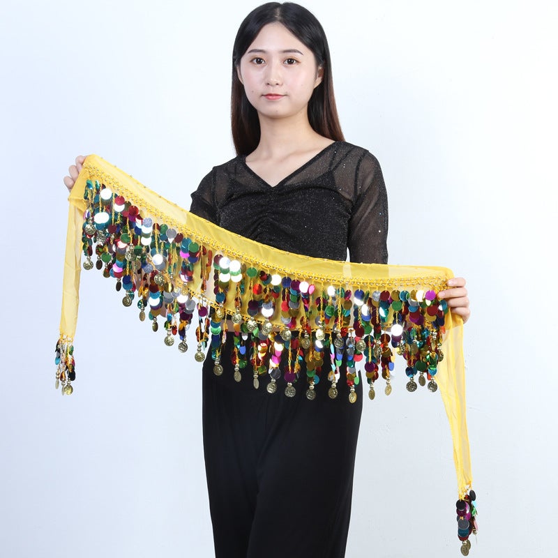 Belly dance waist chain hip towel skirt new Indian dance watch performance waist seal copper gong belt sequined tassel waist towel dance Yellow