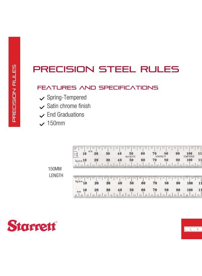 Starrett C637E-150 Spring Tempered Steel Rule With Millimeter Graduations and End Graduations, 150mm Length, 19mm Width, 1.2mm Thickness - Image 2