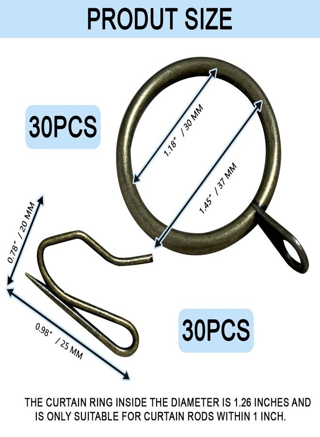 TNsughang 30 Pack Metal Curtain Rings for Drapes and 30 Pack Metal Curtain Hooks Curtain Rings with Hooks Ring Hooks for Curtains Drapery Rings with Hooks for Window Door Shower (Bronze, 1.18inch) - Image 2