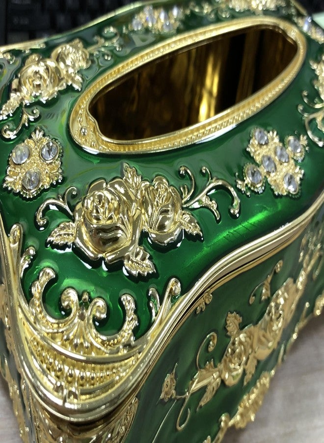 Tsnamay علبة مناديل فاخرة من تسناماي، مقاس 9.45 بوصة × 5.43 بوصة × 3.94 بوصة، مزينة بأحجار كريمة صناعية وزهور بارزة، حامل مناديل أنيق للمنزل والحمام والفندق، لون ذهبي-أخضر. - Image 3