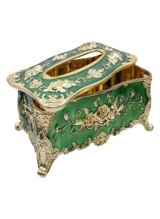 Tsnamay علبة مناديل فاخرة من تسناماي، مقاس 9.45 بوصة × 5.43 بوصة × 3.94 بوصة، مزينة بأحجار كريمة صناعية وزهور بارزة، حامل مناديل أنيق للمنزل والحمام والفندق، لون ذهبي-أخضر. - Image 5
