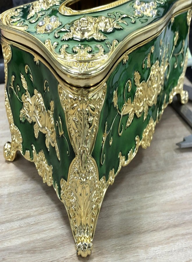 Tsnamay علبة مناديل فاخرة من تسناماي، مقاس 9.45 بوصة × 5.43 بوصة × 3.94 بوصة، مزينة بأحجار كريمة صناعية وزهور بارزة، حامل مناديل أنيق للمنزل والحمام والفندق، لون ذهبي-أخضر. - Image 2