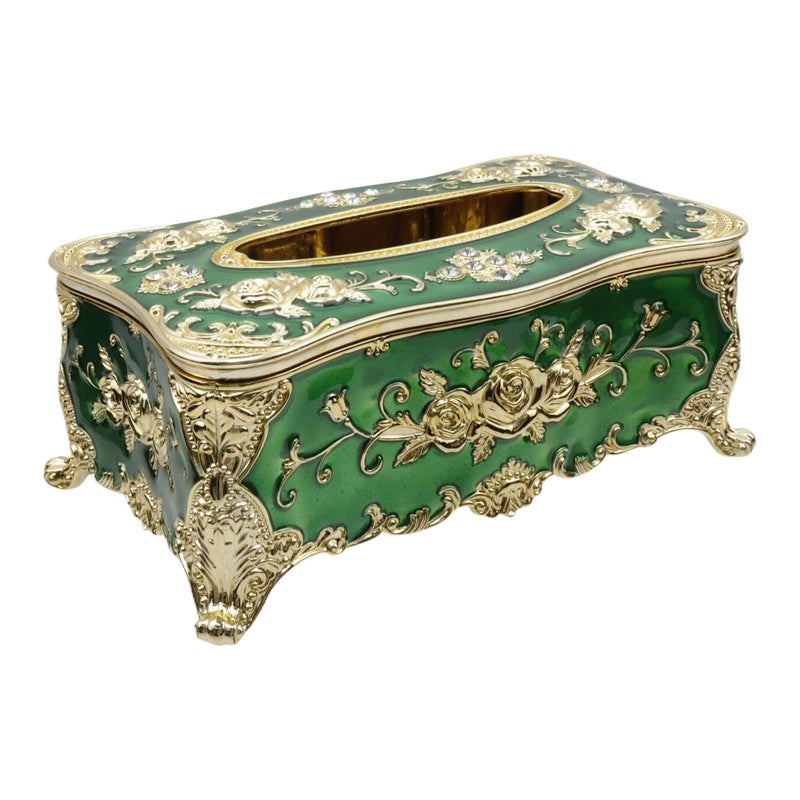 Tsnamay علبة مناديل فاخرة من تسناماي، مقاس 9.45 بوصة × 5.43 بوصة × 3.94 بوصة، مزينة بأحجار كريمة صناعية وزهور بارزة، حامل مناديل أنيق للمنزل والحمام والفندق، لون ذهبي-أخضر. - Image 1