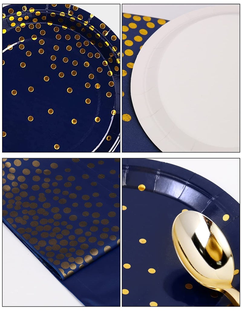 Nkaiso 141 Pieces Navy Blue Gold Party Supplies, Party Dinnerware Sets Include Paper Plates Napkins Cups Silverware, for Wedding Bridal Shower Engagement Birthday Parties Decoration -20 Serves - Image 2