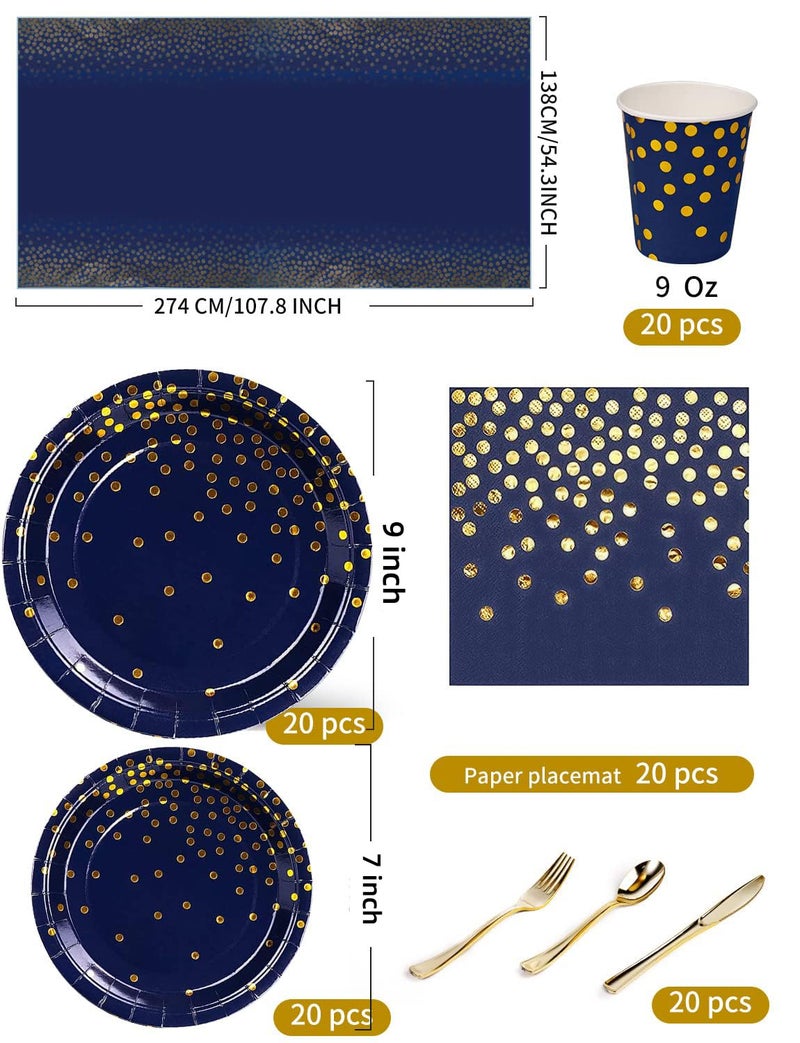 Nkaiso 141 Pieces Navy Blue Gold Party Supplies, Party Dinnerware Sets Include Paper Plates Napkins Cups Silverware, for Wedding Bridal Shower Engagement Birthday Parties Decoration -20 Serves - Image 3