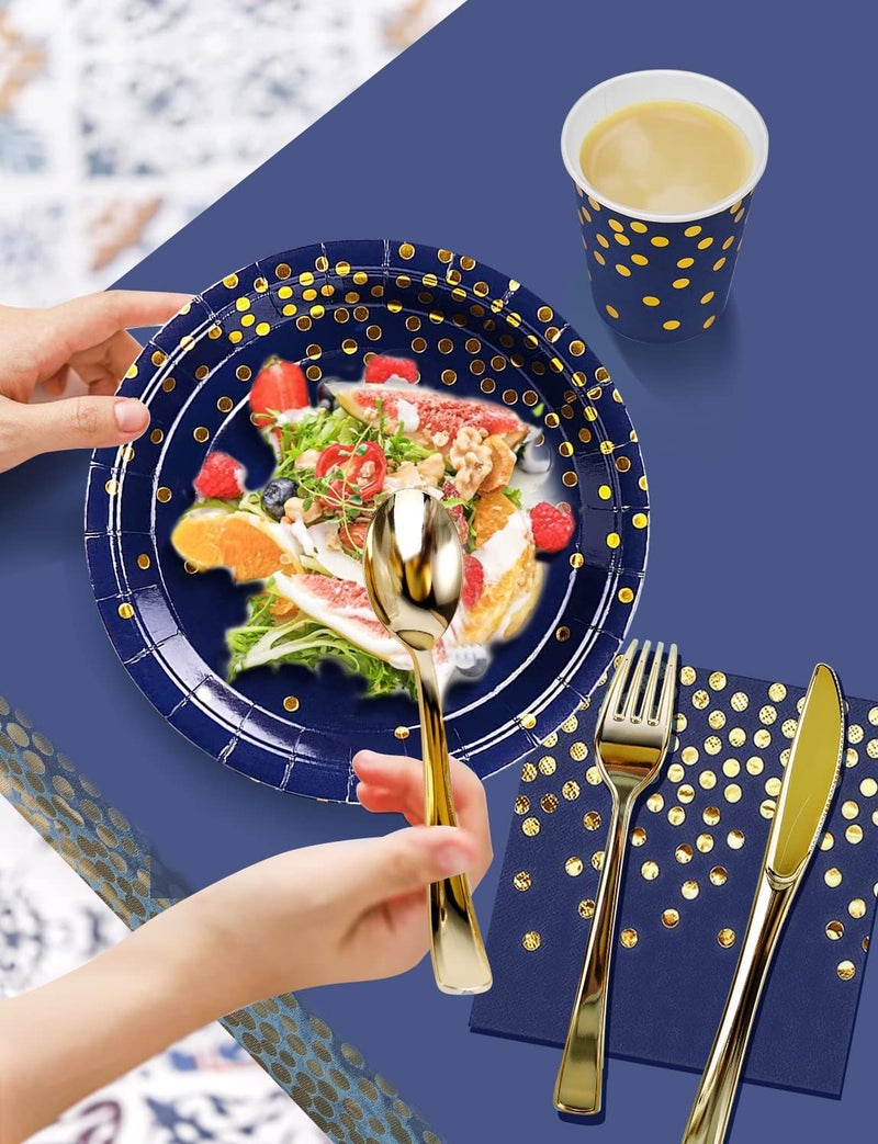 Nkaiso 141 Pieces Navy Blue Gold Party Supplies, Party Dinnerware Sets Include Paper Plates Napkins Cups Silverware, for Wedding Bridal Shower Engagement Birthday Parties Decoration -20 Serves - Image 4