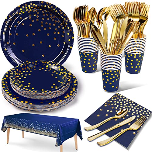 Nkaiso 141 Pieces Navy Blue Gold Party Supplies, Party Dinnerware Sets Include Paper Plates Napkins Cups Silverware, for Wedding Bridal Shower Engagement Birthday Parties Decoration -20 Serves - Image 1